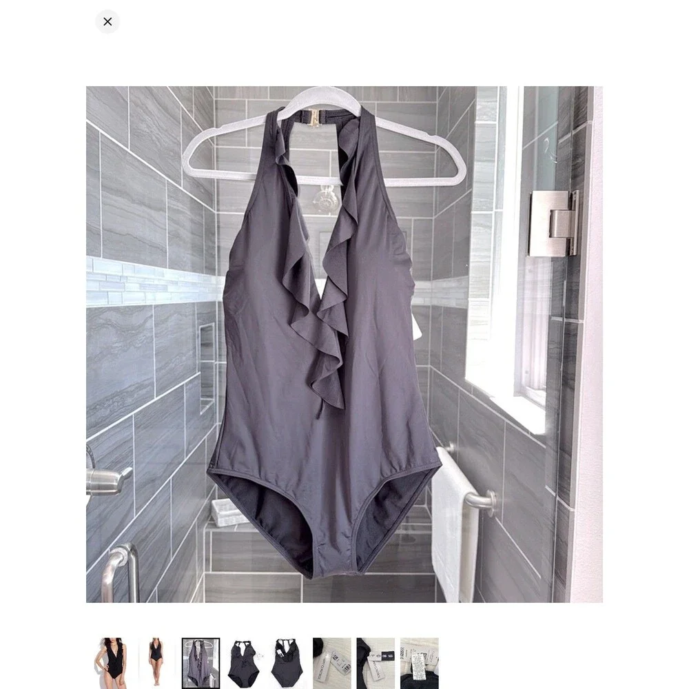 Togs Swimwear Sz 8 Black Tummy Control Ruffle V-Neck One Piece Bathing Suit EUC